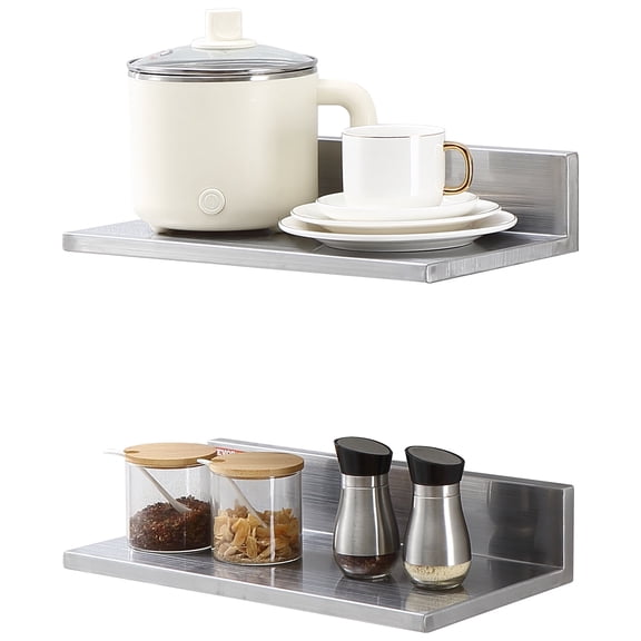 VEVOR 8.6" x 16" Stainless Steel Shelf 2 Pcs, Wall Mounted Floating Shelving with Backsplash, 44 lbs Load Capacity Commercial Shelves Kitchen, Bar, Home,and Hotel