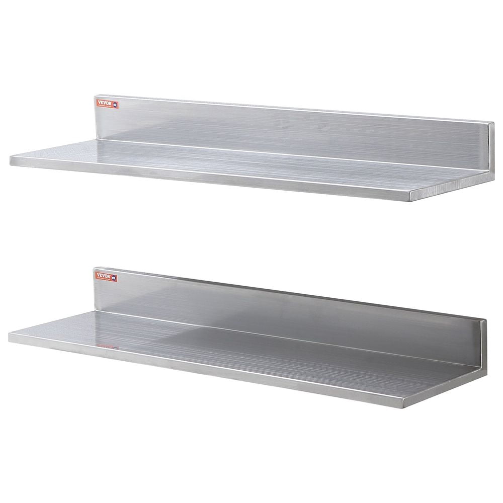 VEVOR 8.6" x 30" Stainless Steel Shelf, Wall Mounted Floating Shelving with Backsplash, 44 lbs Load Capacity Commercial Shelves, Heavy Duty Storage Rack for Restaurant, Bar, Home, and Hotel (2 Packs)