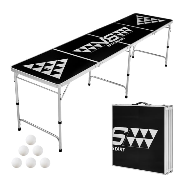 VEVOR 8 Foot Portable Beer Pong Table, Foldable Tailgate Table,Carrying Handles and 6 Pong Balls, Adjustable Height, Lightweight Table for Office, Tailgate Party, Travel and Camping, Black
