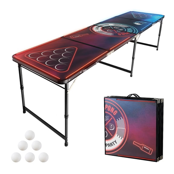 VEVOR 8 Foot Portable Beer Pong Table, LED Lights, Foldable Tailgate Table with Carrying Handles and 6 Pong Balls, Adjustable Height, Lightweight Table for Office, Tailgate Party, Travel & Camping