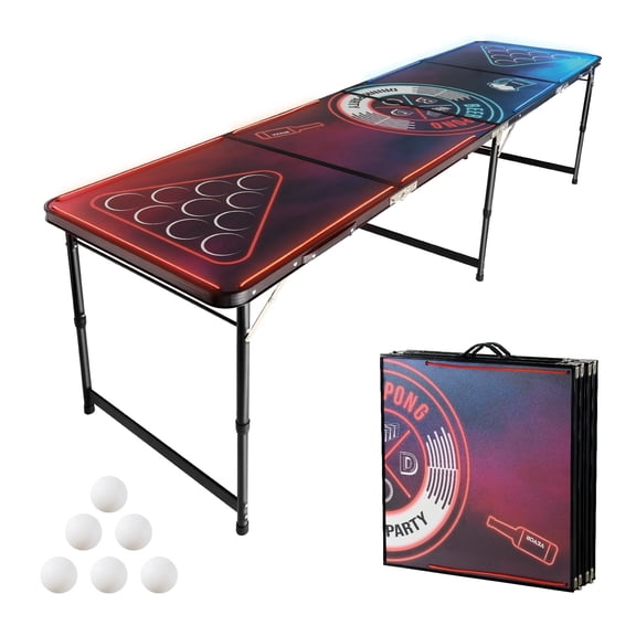 VEVOR 8 Foot Portable Beer Pong Table, LED Lights, Foldable Tailgate Table with Carrying Handles and 6 Pong Balls, Adjustable Height, Lightweight Table for Office, Tailgate Party, Travel & Camping