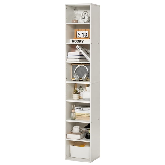 VEVOR 8 Tiers Narrow Bookshelf, 71 in Wooden Tall Open Bookcase with Height-Adjustable Shelf, Freestanding Display Storage Floor Bookcase Bookshelf for Library, Bedroom, Living Room, Office, White
