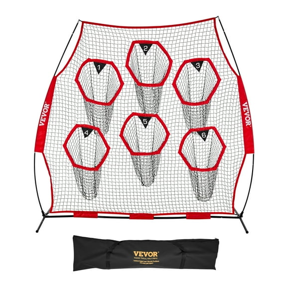 VEVOR 8 x 8 ft Football Trainer Throwing Net, Training Throwing Target Practice Net with 6 Target Pockets, Knotless Net Includes Straps and Portable Carry Case, Improve QB Throwing Accuracy, Red