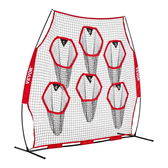 VEVOR 8 x 8 ft Football Trainer Throwing Net, Training Throwing Target Practice Net with 6 Target Pockets, Knotless Net Includes Straps and Portable Carry Case, Improve QB Throwing Accuracy, Red