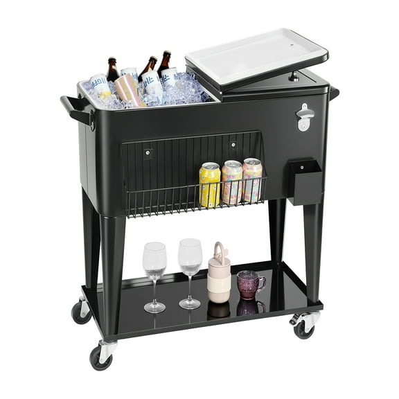 VEVOR 80 Quart Rolling Ice Chest, Holds up to 50 Bottles / 110 Cans, Portable Patio Party Bar Drink Cooler Cart with Bottom Shelf, Beverage Pool with Side Basket and Bottle Opener, Black