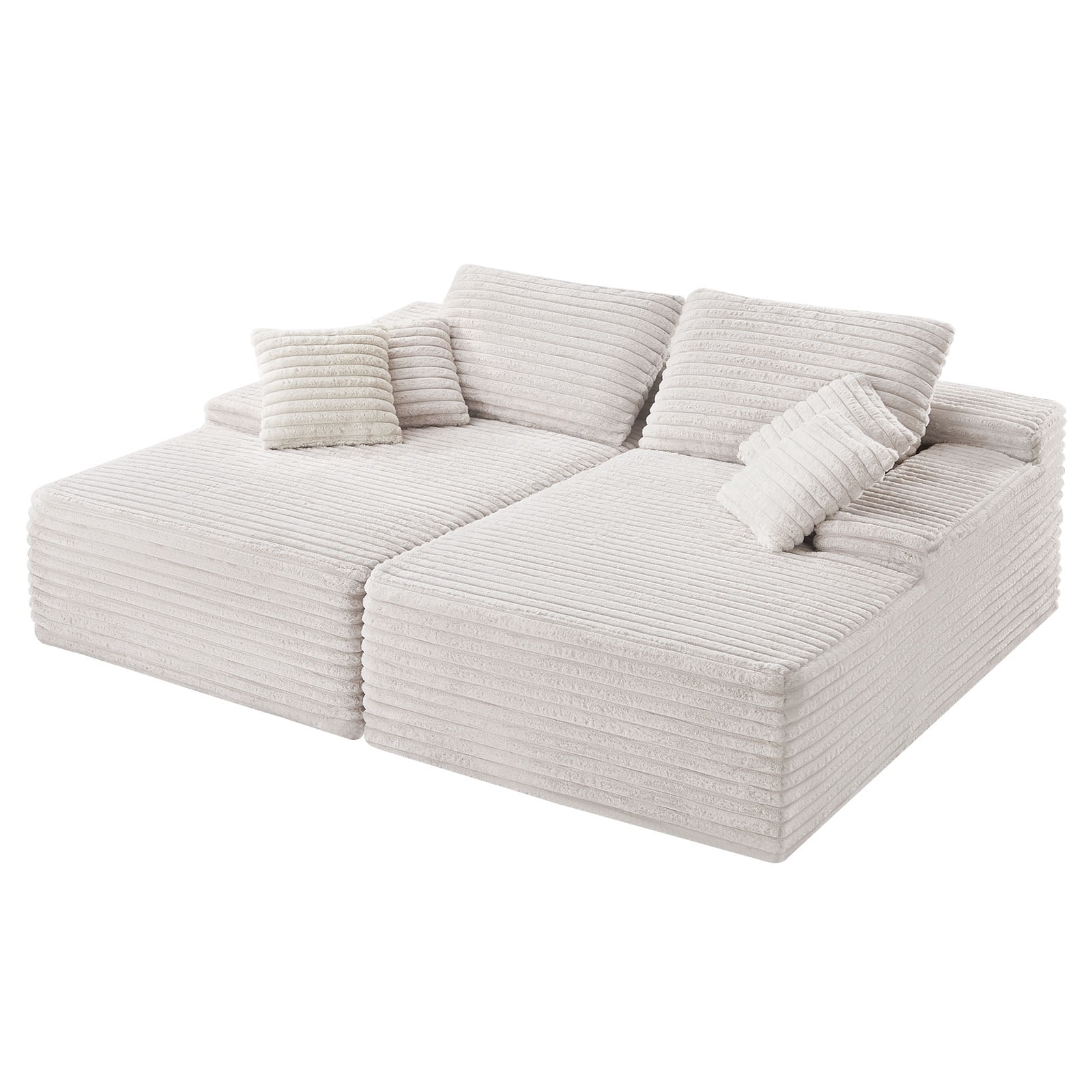 VEVOR 82.7-Inch Oversized Double Chaise Lounge, Corduroy Fabric Sectional Sofa, Cozy Deep Seat Loveseat Sofa with Soft Cushions and Throw Pillows for Living Room Bedroom, No Assembly Required, Beige