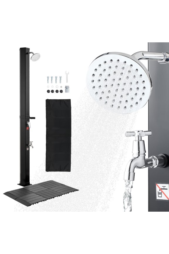 9.2 Gal Solar Heated Shower, 6.4ft Showerhead Height Outdoor Shower, with Floor Kit & Foot Faucet, Hot & Cold Water Adjustment, Freestanding for Backyard Poolside Beach Pool,Black