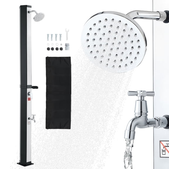 VEVOR 9.2 Gal Solar Heated Shower, 6.4ft Showerhead Height Outdoor Shower, with Foot Faucet & Soap Box Rack, Hot & Cold Water Adjustment, Freestanding for Backyard Poolside Beach Pool,Black Silver
