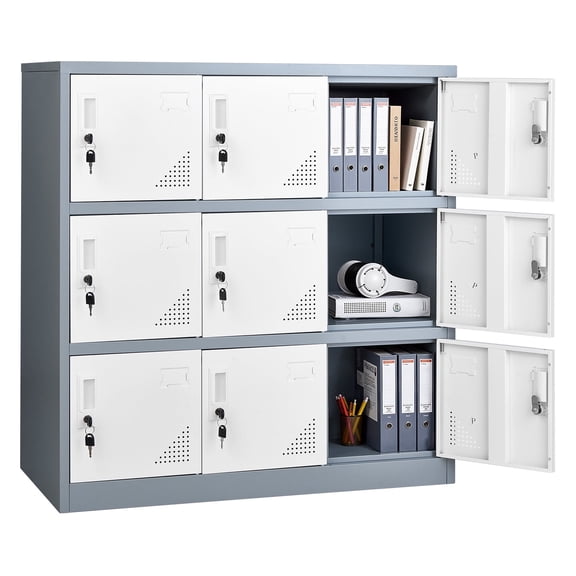VEVOR 9 Doors Metal Locker, Lockable Steel Storage Cabinet, 66 lbs Loading Capacity, 2 Keys for Each Door, 3 Tiers Employee Lockers for Office, School, Gym, Easy Assembly, 35.4 x 17.7 x 37 in, Gray