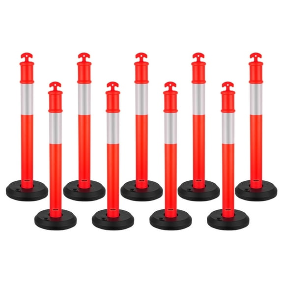VEVOR 9 Pack Traffic Delineator Posts, 48 inches Traffic Safety Cones with Fillable Base and Reflective Strips, Heavy Duty Delineator Posts for Construction Site, Parking Lot, Crowd Control, Red