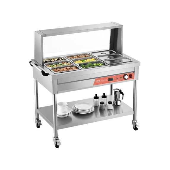 VEVOR 9-Pan Commercial Food Warmer, 9 x 1/3 Pans Electric Steam Table, 1500W Professional Buffet Catering Food Warmer with Shield Undershelf Wheels, Stainless Steel Server