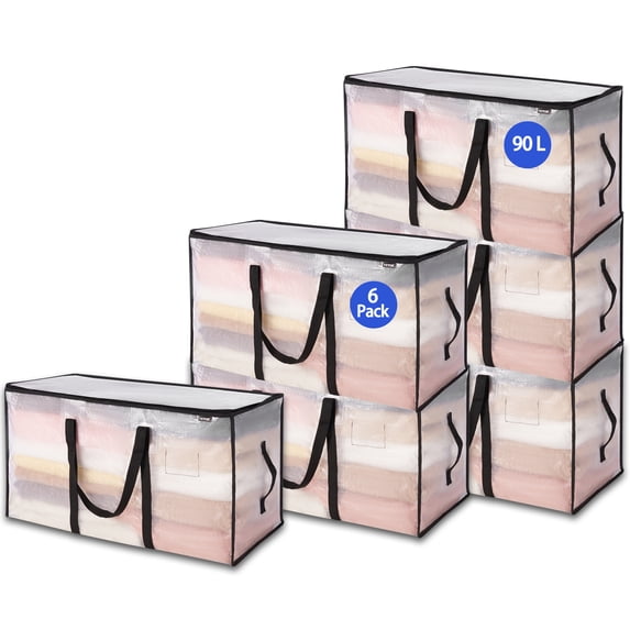 VEVOR 90L Large Storage Bags, 6 Pack Clothes Storage Bins, Foldable Closet Organizers Containers with Reinforced Handle, Plastic Storage Bags for Clothing, Blanket, Comforter, Bed Sheet, and Pillow