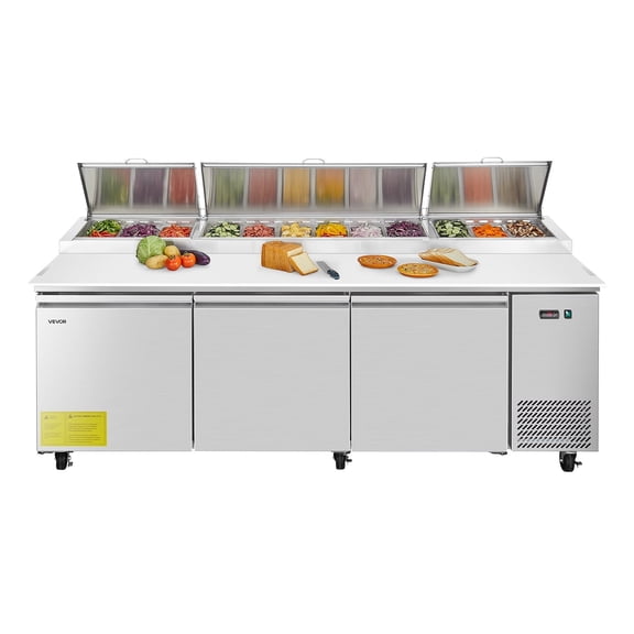 VEVOR 93"W Commercial Refrigerator, Pizza Prep Refrigerated Table,20" Ultra Wide Countertop Food Prep Worktable,30.8 Cu.Ft Single Door Salad Prep Fridge,12 Pans Pizza Make Worktop with Cutting Board