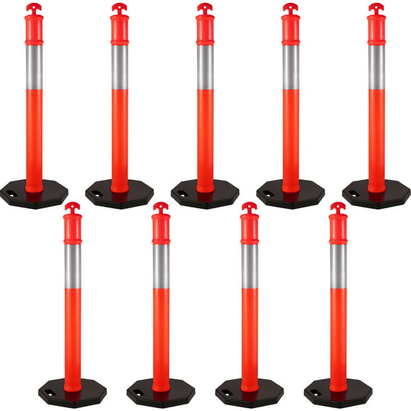 VEVOR 9Pack Traffic Delineator Posts 44 inch Height, PE Delineator Cones Post Kit 10 inch Reflective Band, Delineators Post with Rubber Base 16 inch for Construction Sites, Facility Management etc.