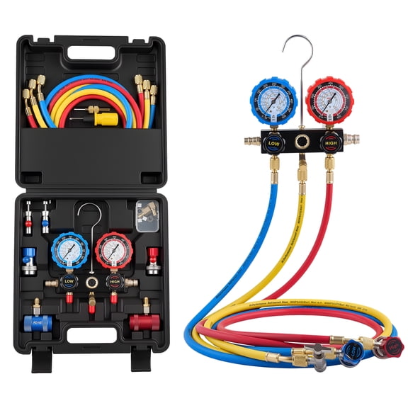 VEVOR AC Manifold Gauge Set for R134a R404A R1234yf R22 Refrigerant, 3 Way AC Gauge with 5 ft Hoses, Adapters, Quick Couplers, Can Taps for Automotive Air Conditioning Maintenance,Charging Evacuation