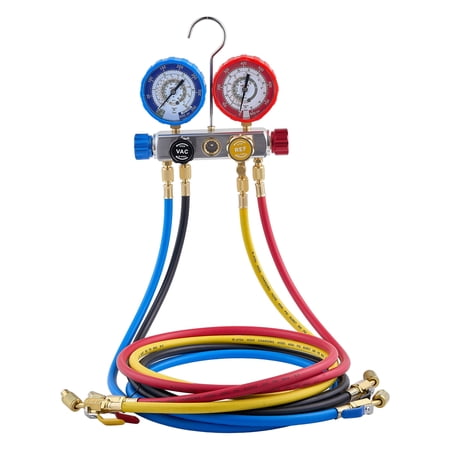 VEVOR AC Manifold Gauge Set for R22 R404A R410A R12 Refrigerants, 4 Way AC Gauges with 5 ft Hoses for Automotive & Household Air Conditioning Maintenance, Evacuation Vacuuming Charging and Recovery