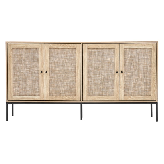 VEVOR Accent Cabinet, Rattan Storage Cabinet with 4 Magnetic Doors and Adjustable Shelves, Sideboard Buffet Cabinet for Hallway, Entryway, Living Room, or Kitchen, Natural