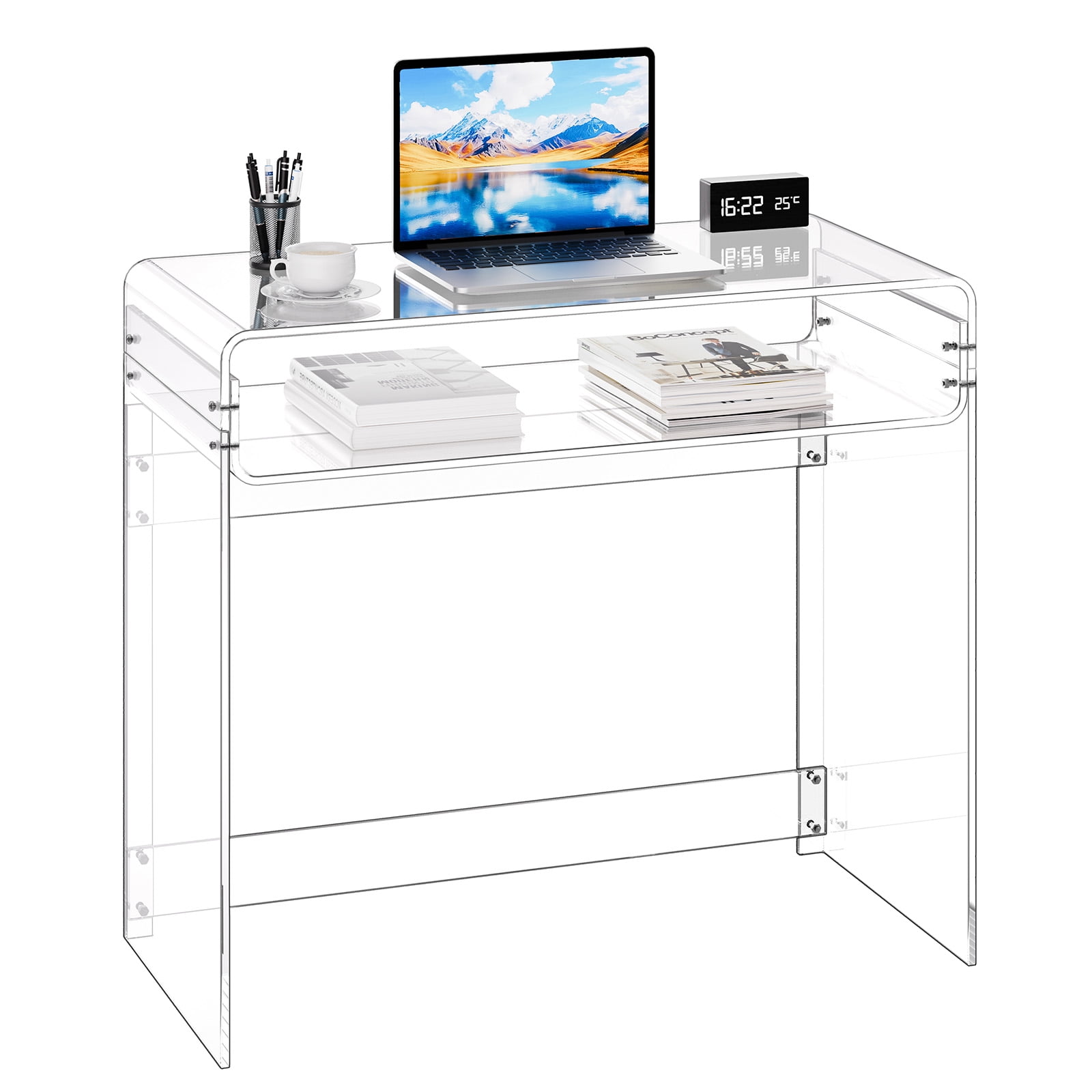VEVOR Acrylic Table, 2 Tiers Clear End Table with Storage Shelf, Modern Rectangle Acrylic Side Desk, Transparent Thick Desk Nightstand for Bedroom, Office, Living Room, 15.7 x 33.5 x 29.5 in (Clear)
