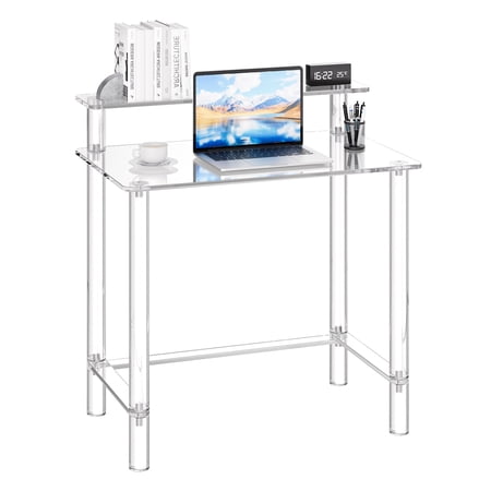 VEVOR Acrylic Table, 2 Tiers Clear Office Desk with Monitor Stand, Acrylic Study Computer Desk, Modern Side End Table Nightstand for Bedroom, Office, Study, Cloakroom, 19.7 x 31.5 x 34.7 in (Clear)