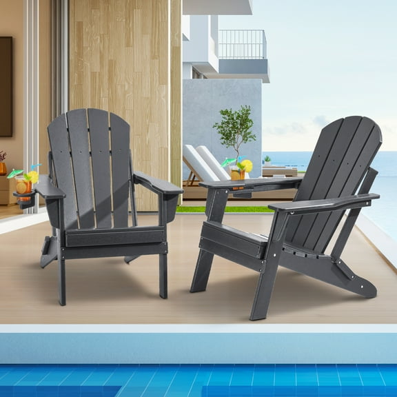 VEVOR Adirondack Chair Plastic, Set of 2 All-Weather Portable Folding Fire Pit Chair, Outdoor Adirondack Patio Chair with Cup Holder, with Relaxing Arm Rest Ergonomic, for Garden, Backyard - Gray