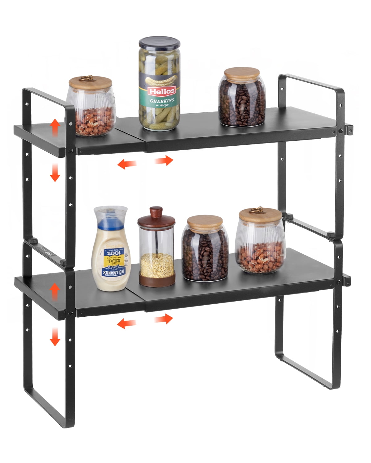 VEVOR Adjustable Kitchen Cabinet Shelf Organizer, Expandable 2 Tier Cabinet Shelf, Stackable Countertop Organizers and Storage Shelf Risers, Pantry Organizers for Kitchen Bathroom Office, Black