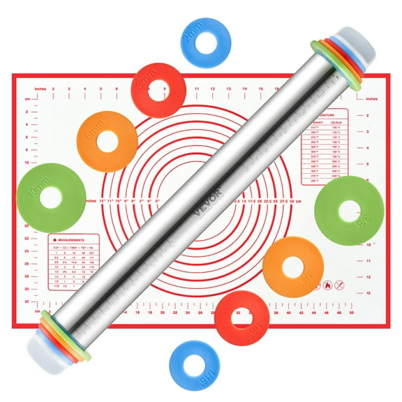 VEVOR Adjustable Rolling Pin, Stainless Steel Dough Roller Designs, Rolling Pin with Thickness Rings and Pastry Baking Nonstick Mat Set, for Baking Fondant, Pizza, Pie, Pastry, Pasta, Dough, Cookies