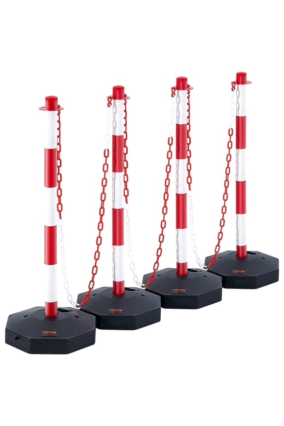 Adjustable Traffic Delineator Post Cones, 4 Pack, Traffic Safety Delineator Barrier with Fillable Base 8FT Chain, for Traffic Control Warning Parking Lot Construction Caution Roads, Red&White