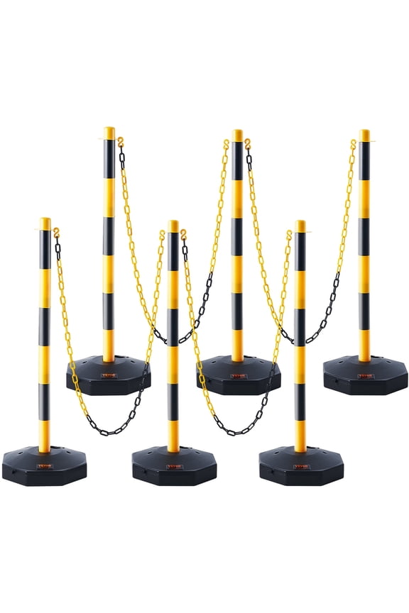 Adjustable Traffic Delineator Post Cones,6 Pack, Traffic Safety Delineator Barrier with Fillable Base 8FT Chain, for Traffic Control Warning Parking Lot Construction Caution Roads, Yellow&Black