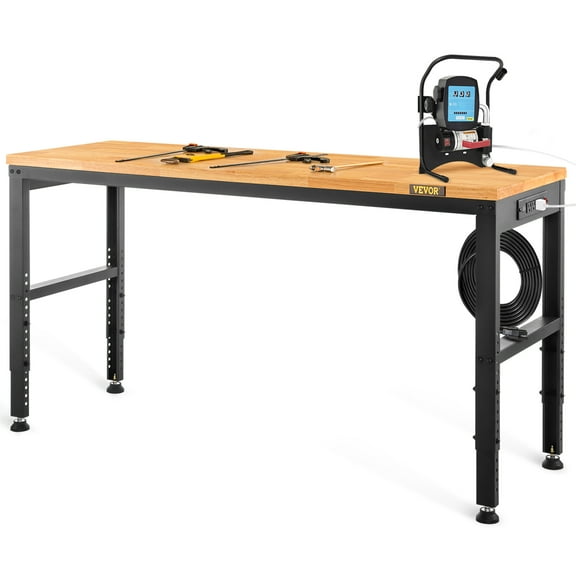 VEVOR Adjustable Workbench, 72" x 25" Multi-Purpose Work Bench with 28.5" - 38.3" Height Range and 2000 lbs Capacity, Power Outlets & Hardwood Top & Metal Frame & Foot Pads, Workshop Garage Table