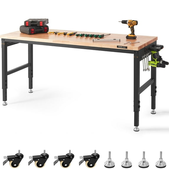 VEVOR Adjustable Workbench Garage Worktable w/ Universal Wheels + Power Outlets 72x25in