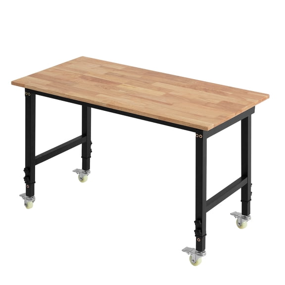 VEVOR Adjustable Workbench on Wheels, 1500 lbs Capacity, 48 x 24 Inch Oak Wood Top Workbench with 28.5-42.3 Inch Height Adjustment, Heavy-Duty Hardwood Worktable for Garage, Workshop, Home, Office