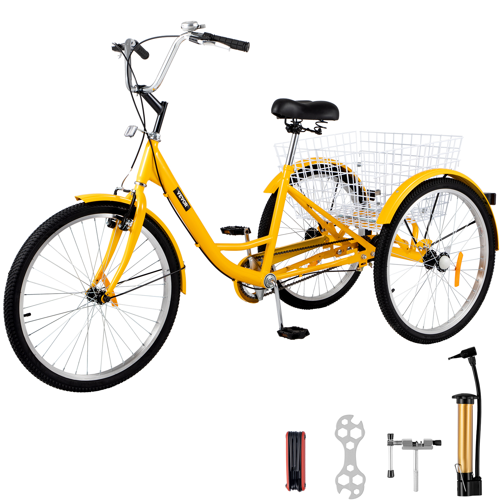 VEVOR Adult Tricycle 24 inch, 1-Speed Three Wheel Bikes , Yellow Tricycle with Bell Brake System, Bicycles with Cargo Basket for Shopping - image 1 of 9
