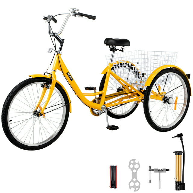 VEVOR Adult Tricycle 24 inch, 1-Speed Three Wheel Bikes , Yellow Tricycle with Bell Brake System, Bicycles with Cargo Basket for Shopping