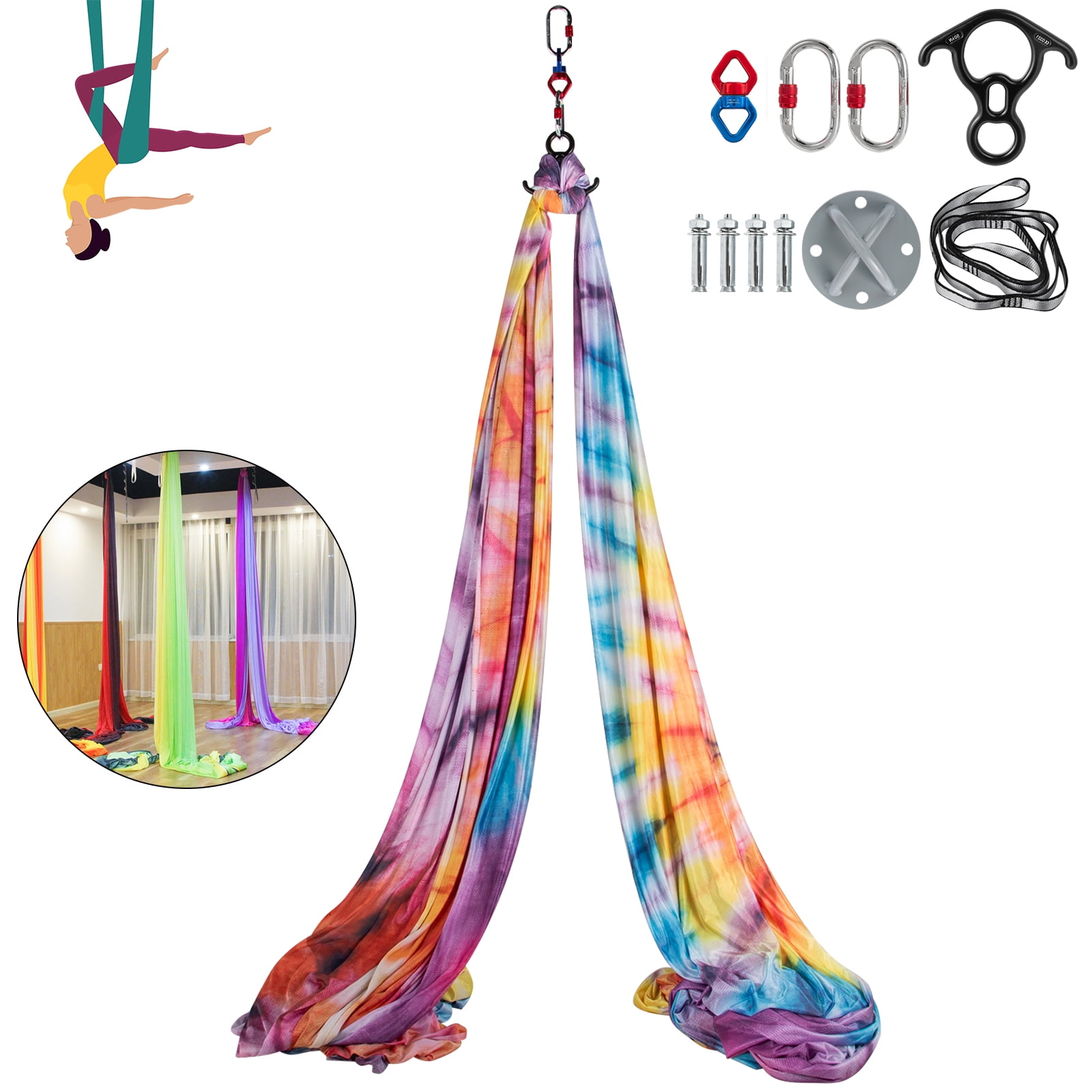 VEVOR Aerial Silk 11yd Aerial Yoga Swing Set 9.2ft Antigravity Ceiling  Hanging Yoga Sling - Carabiners Daisy Chain Inversion Swing,Colorful