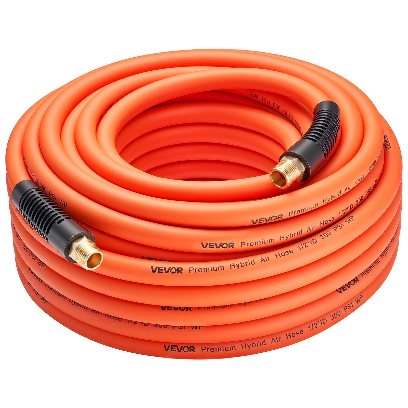 VEVOR Air Hose, 1/2" x 100ft Hybrid Air Hose, Lightweight, Kink Resistant, Pneumatic Hoses with 1/2 inch Solid Brass Male Fitting, Three-Layer Hybrid Material, 300 PSI, All-Weather Flexibility,Orange