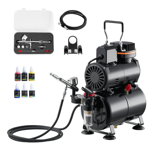 VEVOR Airbrush Kit, 1/6 HP, Air Brush Kit with Air Compressor and Tank, 1 Dual-Action Professional Airbrush with 3 Tips, Acrylic Paint, Low Noise, for Cake Decorating, Model Painting, Nail Art