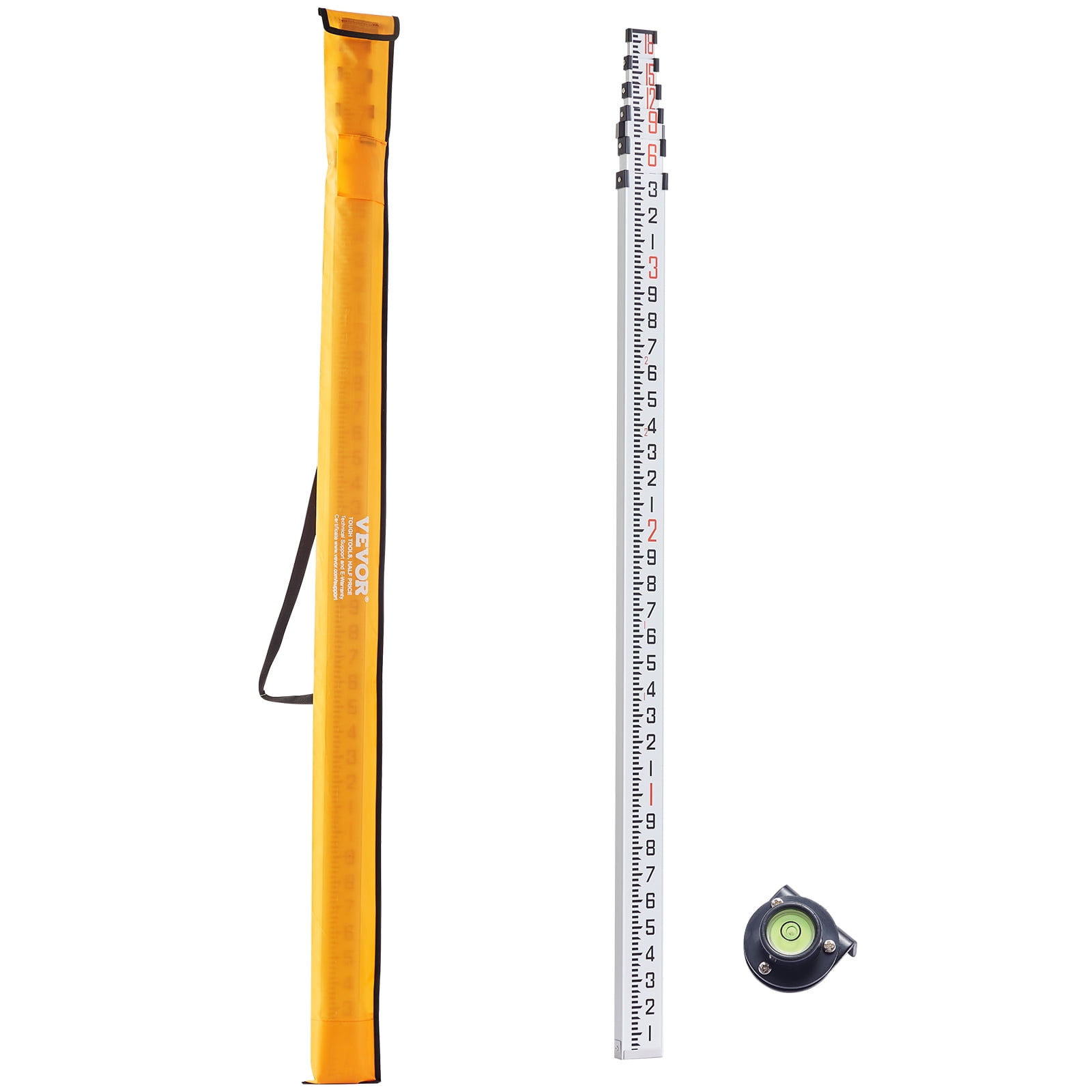 VEVOR Aluminum Grade Rod,18-Feet/10ths 6 Sections Telescopic Measuring Rod,Double-Sided Scale 1/10ft Leveling Rod Stick,Aluminum Alloy Survey Rod w/ Bubble Level &Carrying Bag for Houses,Walls,Floors