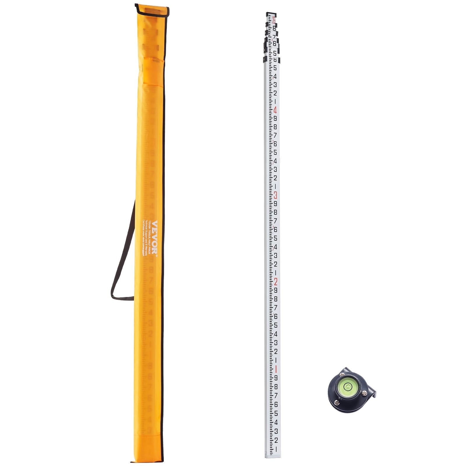 VEVOR Aluminum Grade Rod,25-Feet/10ths 6 Sections Telescopic Measuring Rod,Double-Sided Scale 1/10ft Leveling Rod Stick,Aluminum Alloy Survey Rod w/ Bubble Level &Carrying Bag for Houses,Walls,Floors