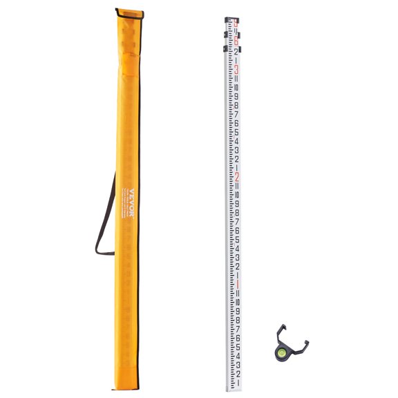 VEVOR Aluminum Grade Rod, 9-Feet/8ths 3 Sections Telescopic Measuring Rod, Double-Sided Scale 1/8in Leveling Rod Stick,Aluminum Alloy Survey Rod with Bubble Level &Carrying Bag for Houses,Walls,Floor