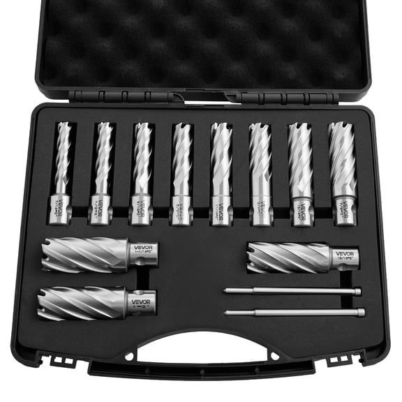 VEVOR Annular Cutter Set, 13 pcs Universal Shank Mag Drill Bits Kit, 2" Cutting Depth, 7/16" to 1-1/16" Cutting Diameter, HSS, 11 Drill Bits with 2 Pilot Pins, Plastic Case, for Magnetic Drills