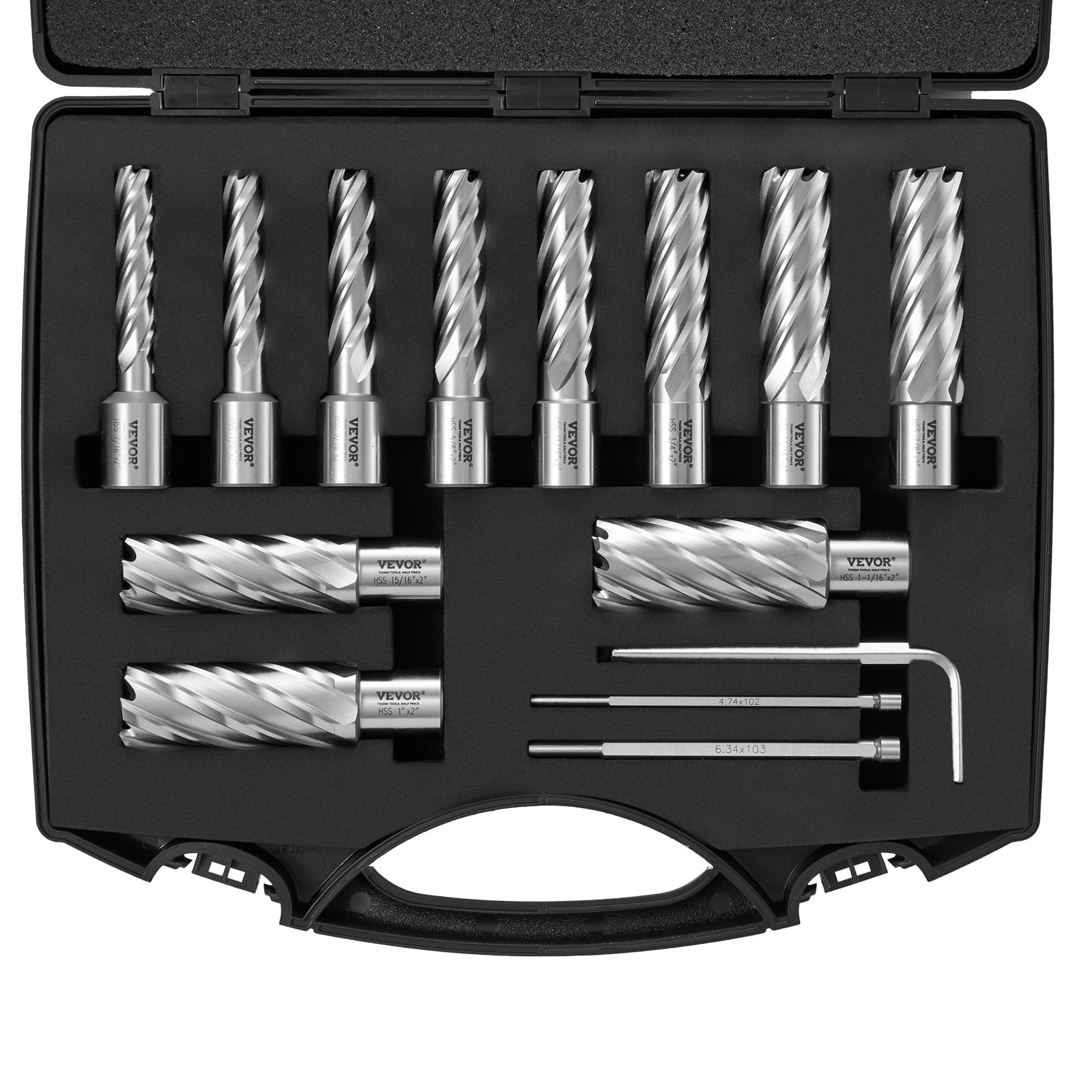 VEVOR Annular Cutter Set, 13 pcs Weldon Shank Mag Drill Bits, 7/16" to 1-1/16" Cutting Diameter, 2" Cutting Depth, M2AL HSS, with 2 Pilot Pins,Hex Wrench and Portable Case,for Using with Magnetic Dr