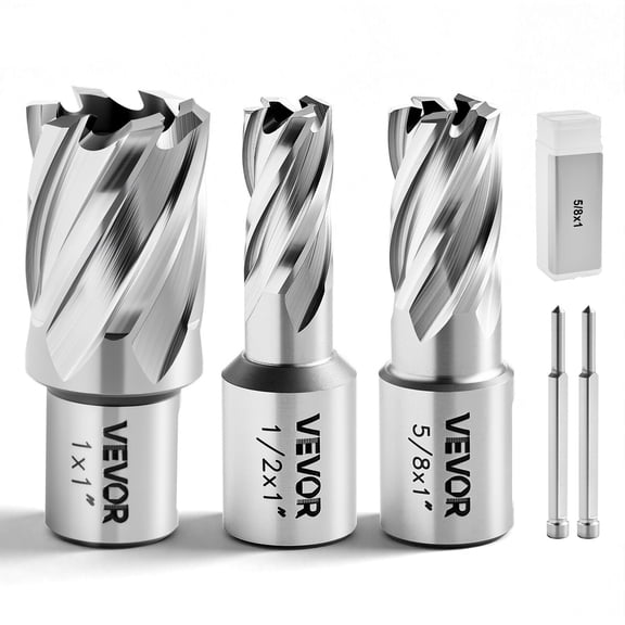 VEVOR Annular Cutter Set, 5 pcs Weldon Shank Mag Drill Bits Kit, 1" Cutting Depth, 1/2", 5/8", 1" Cutting Diameter, HSS, 3 Drill Bits with 2 Pilot Pins and 3 Plastic Cases, for Magnetic Drills, Steel