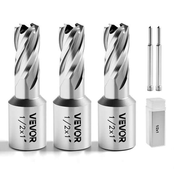 VEVOR Annular Cutter Set, 5 pcs Weldon Shank Mag Drill Bits Kit, 1" Cutting Depth, 1/2" Cutting Diameter, HSS, 3 Drill Bits with 2 Pilot Pins and 3 Plastic Cases, for Magnetic Drills, Steel, Aluminum