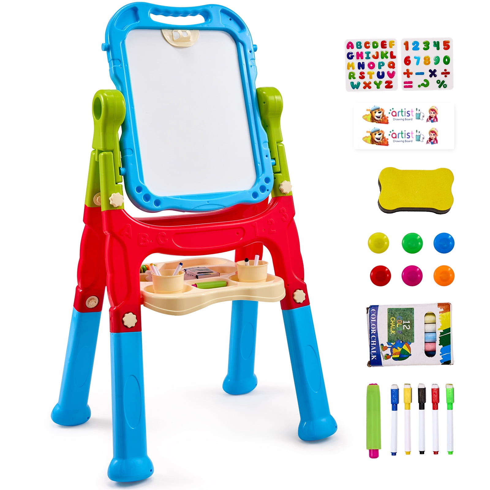 VEVOR Art Easel for Kids, 2-in-1 Double-Sided Kides Art Easel with Magnetic Whiteboard & Chalkboard, Adjustable Standing Rotatable Removable Drawing Board with Painting Accessories for Boys and Girls