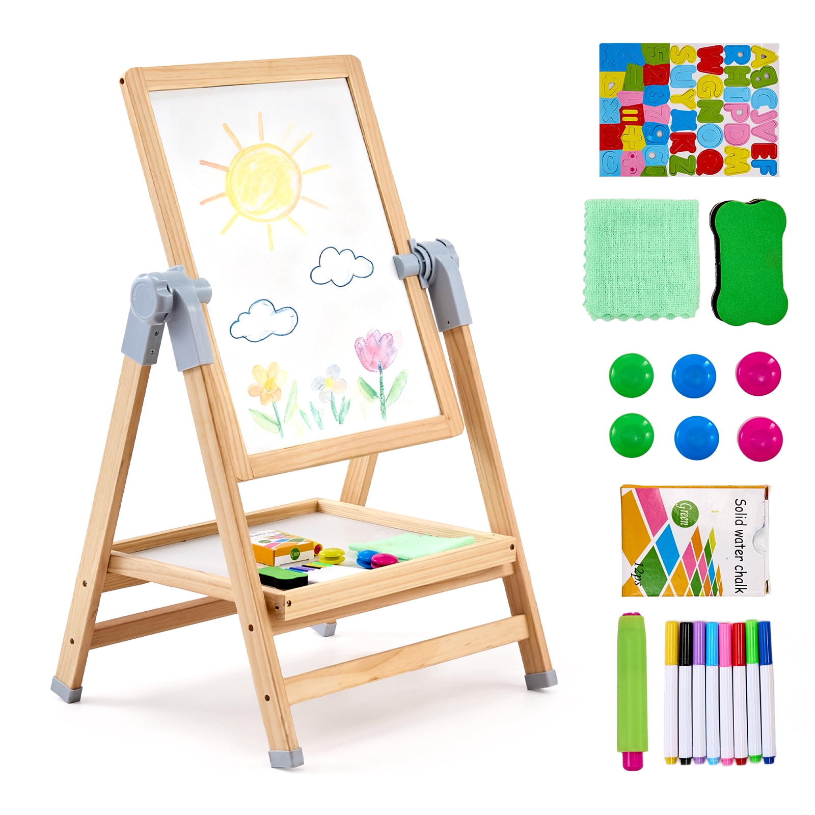 VEVOR Art Easel for Kids, 2-in-1 Wooden Double-Sided Kides Art Easel with Magnetic Whiteboard & Chalkboard, Adjustable Standing Rotatable Foldable Drawing Board with Painting Accessories for Boy Girl