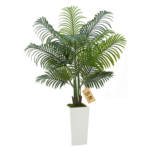 VEVOR Artificial Areca Palm Tree 5 ft, Fake Palm Tropical Plants with White Tall Planter, Faux Floor Silk Plant in Pot, Large Trees for Home Office Living Room Decor House Warming, Indoor Outdoor