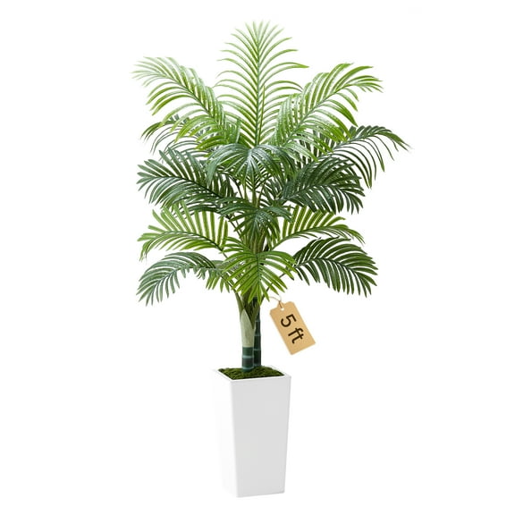 VEVOR Artificial Areca Palm Tree 5 ft, Fake Palm Tropical Plants with White Tall Planter, Faux Floor Silk Plant in Pot, Large Trees for Home Office Living Room Decor House Warming, Indoor Outdoor