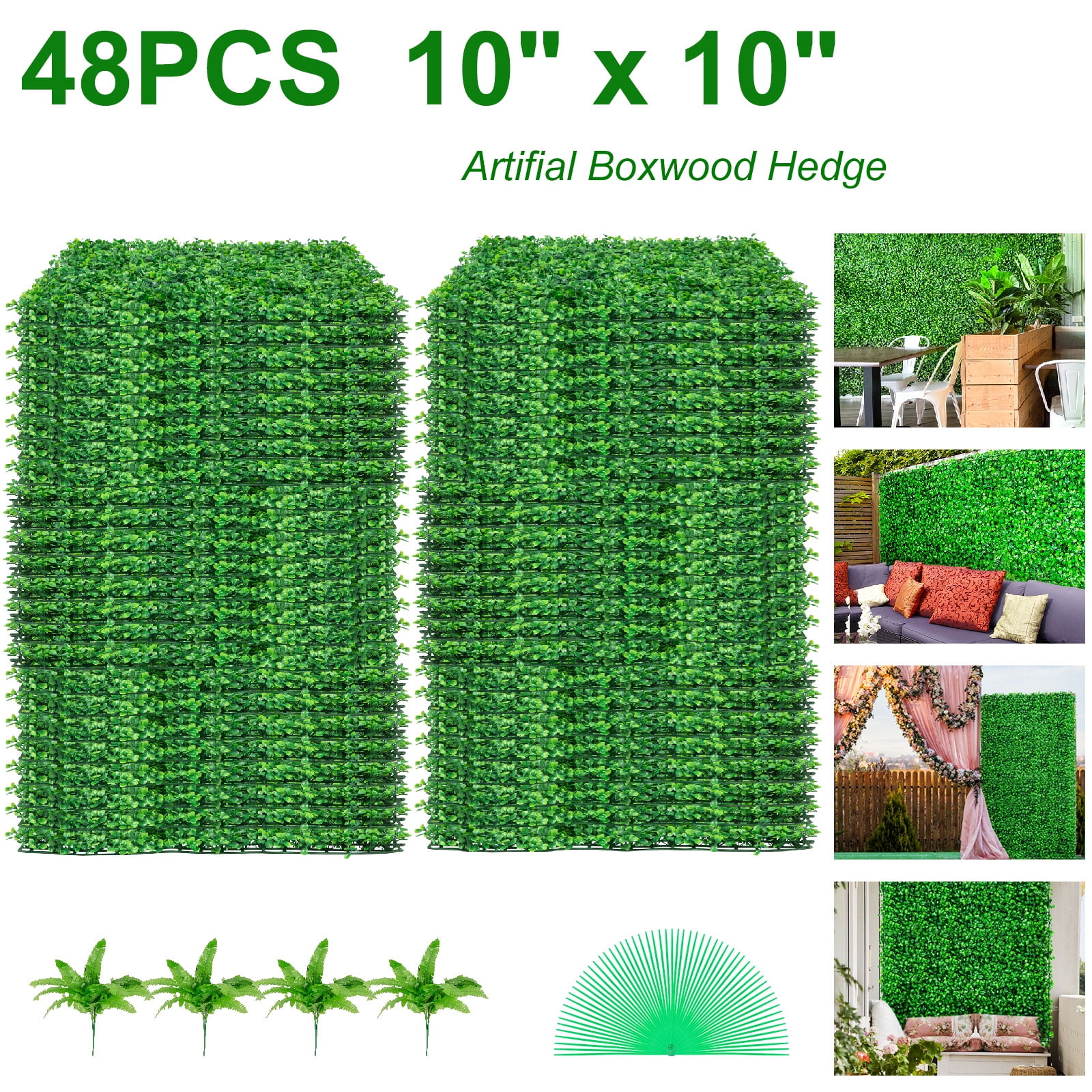 VEVOR Artificial Boxwood Panel PE Plastic Hedge Wall Panels 10" x 10" 48 Pack Green Privacy Fence Backdrop Décor