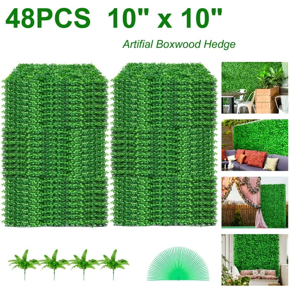VEVOR Artificial Boxwood Panel UV 48pcs Boxwood Hedge Wall Panels Artificial Grass Backdrop Wall 10X10" 4cm Green Grass Wall Fake Hedge for Decor Privacy Fence Indoor Outdoor Garden Backyard