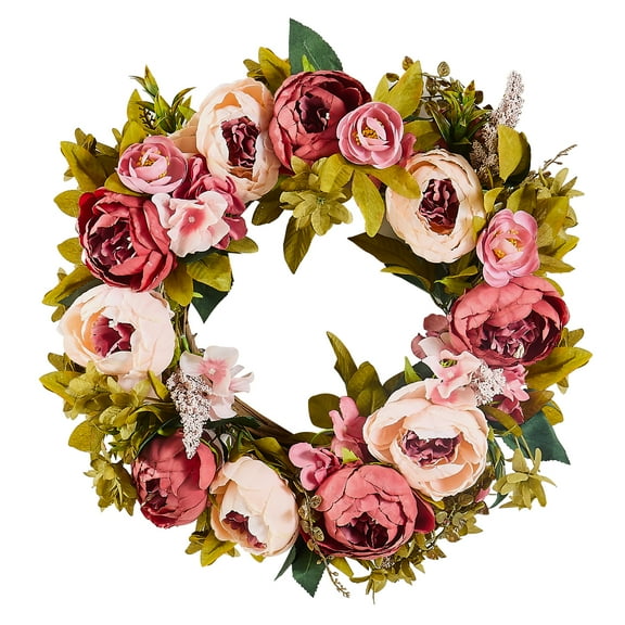 VEVOR Artificial Decorative Wreath, 19 in, Pink, Decorated with Peonies, Hydrangeas, Babysbreath, Year Round Wreath for All Seasons Indoor and Outdoor Home Wall Window Festival Wedding Decorations